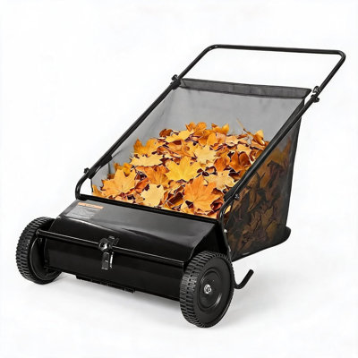 Balayeuse à gazon manuelle de 53 cm (21 pouces) – Bac de ramassage grande capacité de 170 litres (6 pi³), châssis métallique robuste, brosses rotatives en V, hauteur réglable pour pelouses, allées et terrasses, noir mat
