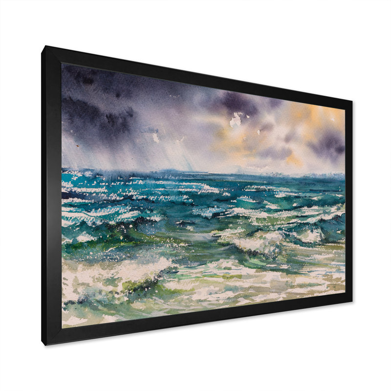 Vagues de mer et ciel dramatique - peinture sur toile, H 16 po x l 32 po, Toile avec cadre de coin noir fermé
