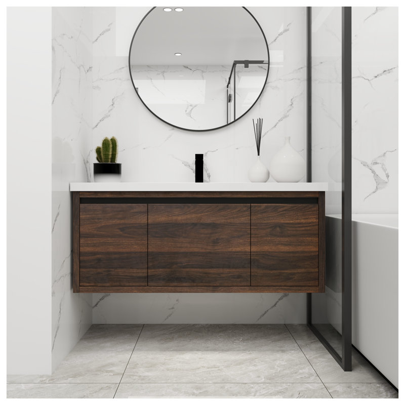 Meuble-lavabo flottant moderne 48 po avec lavabo - portes à fermeture douce et tiroir, armoire en contreplaqué noyer de Californie