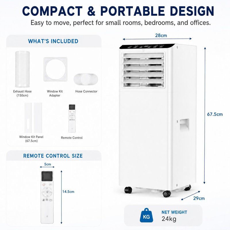 4-in-1 Portable Air Conditioner 9000 BTU – Cooling, Dehumidifier, Fan & Sleep Mode – Quiet Digital Display, 24H Timer, Remote, Window Kit – Cools Rooms up to 400 Sq Ft – White