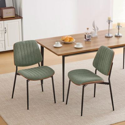 Ensemble de 2 chaises de salle à manger de style rétro Mid-Century en lin avec dossier en bois cintré noyer et pieds en métal avec pieds réglables pour les chaises de cuisine (lin vert olive), SW1849GR