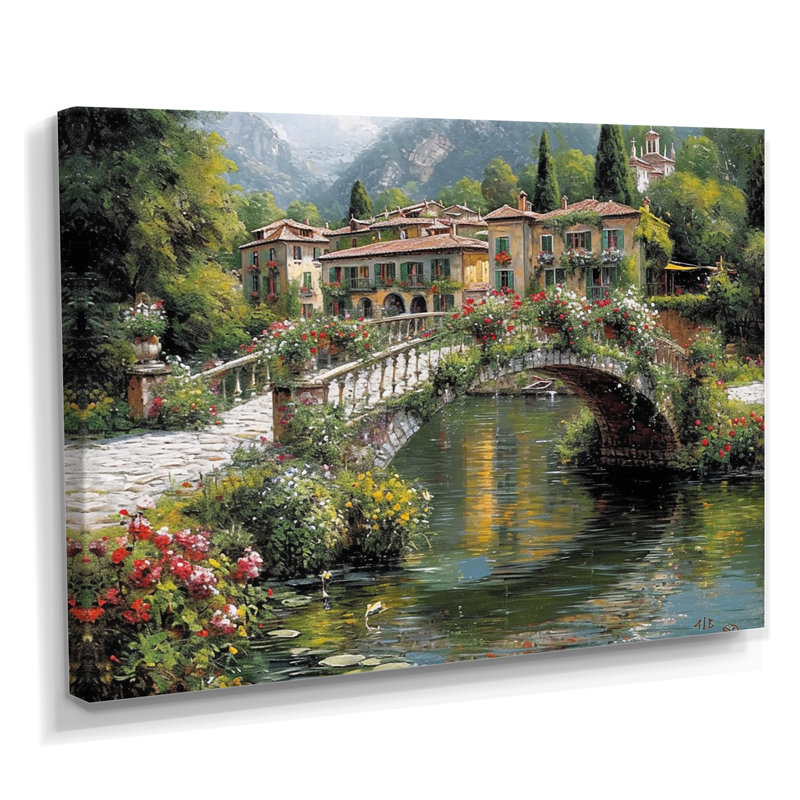 Poétique fleur pont sur Calm Town River, H 30 po x l 40 po x P 1,5 po, Toile tendue