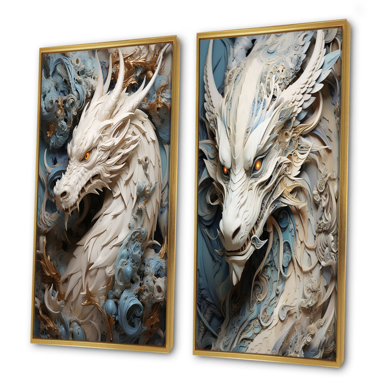 «Epic Blue and Gray Dragon Odyssey - Dragons», ensemble d'art mural sur toile, H 40 po x l 41 po, Encadrement doré