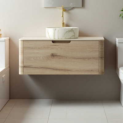 36" Floating Bathroom Vanity With Stone Pattern Ceramic Basin, Travertine-pattern Sintered Stone Top And Storage Drawer, Pre-assembled