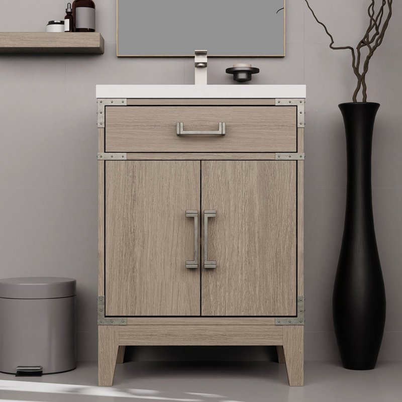 24 po De salle de bain en chêne gris avec comptoir en acrylique poli, robinet de salle de bain simple, miroir