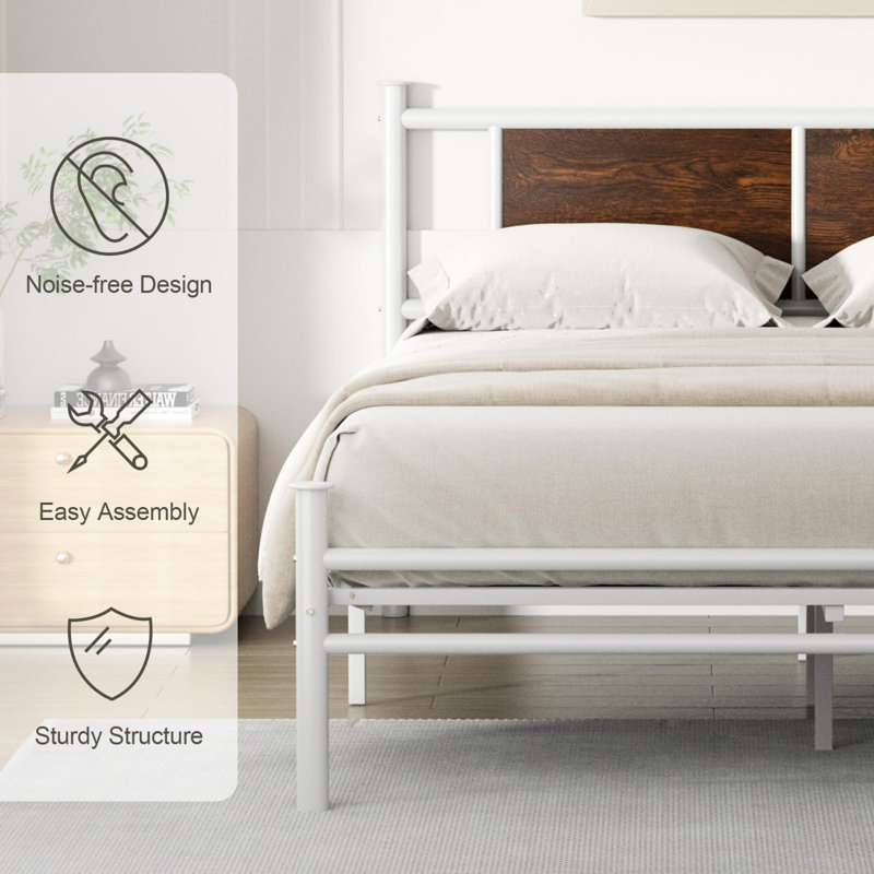 Queen Size White Metal Platform Bed with Rustic Wood Headboard