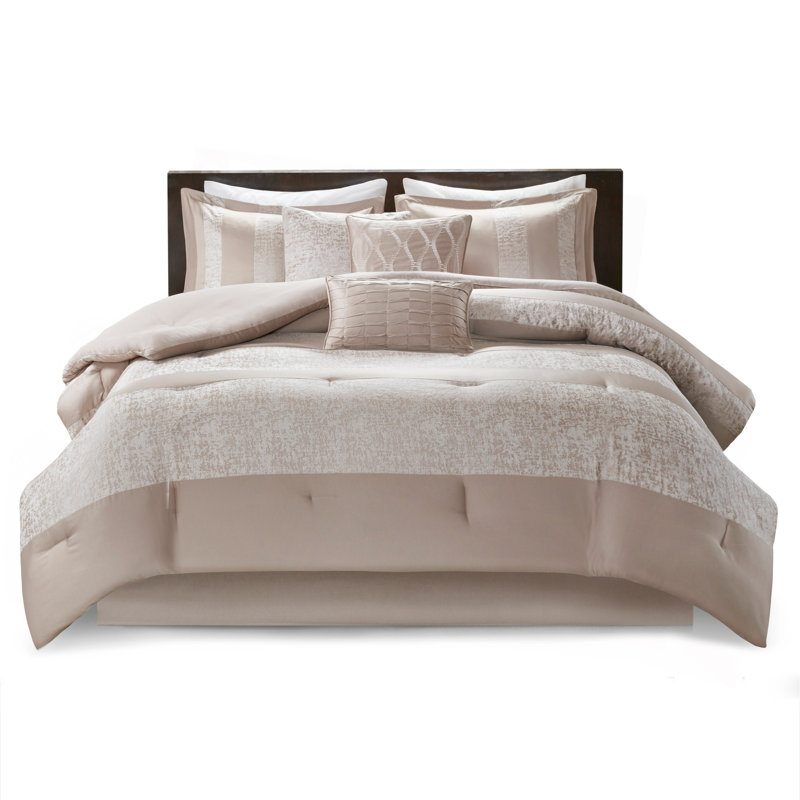7 Piece Chenille Jacquard Comforter Set Taupe Queen, Full/Queen Comforter + 2 Shams