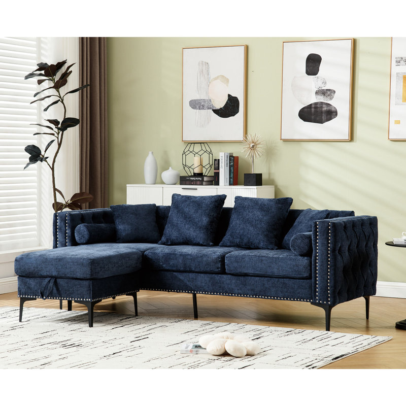Canapé modulaire 3 places avec accoudoirs carrés en chenille 3 places, bleu, avec rangement, Bleu