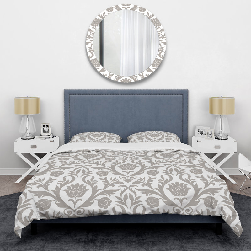 Damas blanc et gris - ensemble de housse de couette abstrait - microfibre de polyester