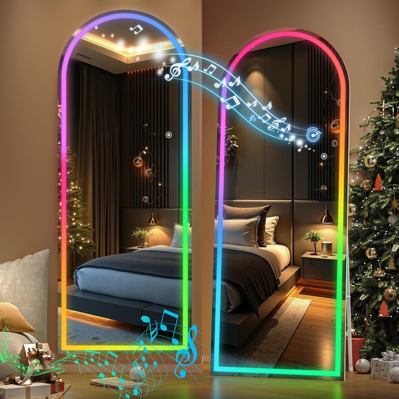 Arch LED RGB Bluetooth Full Length Mirror with Stand ＆ 7 Color Lighting Modes, Full Body Mirror with White Frame for Bedroom, Living Room, Dressing Room