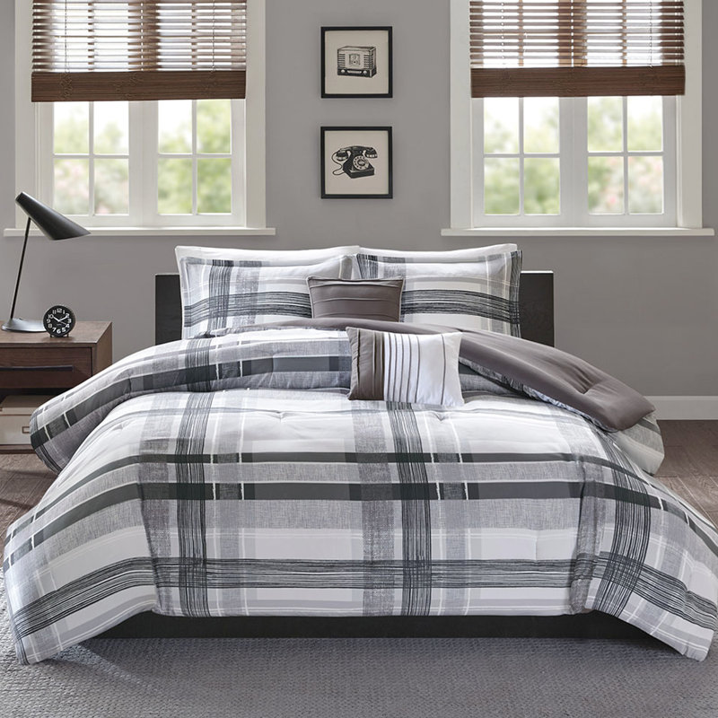 Édredon double / grand écossais - literie de chambre moderne en édredon noir et gris, 2 taies décoratives, courtepointe facile à laver et lavable