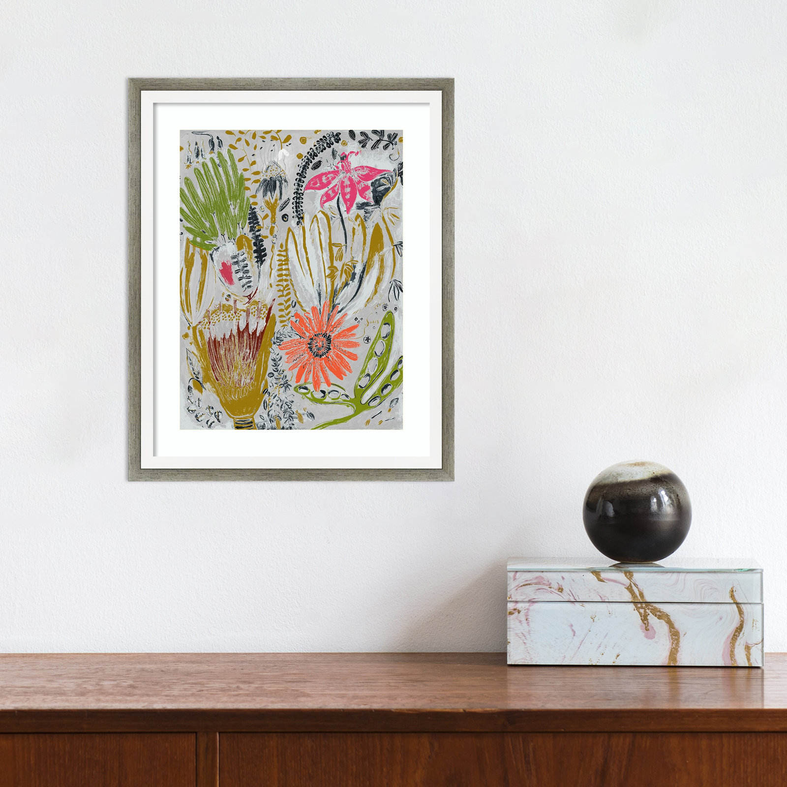 Tropical Blooms by Maya Woods, 11" W x 13" H, Gray