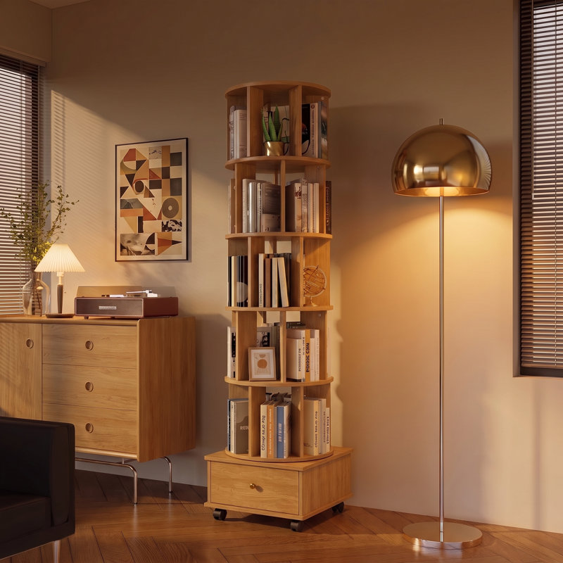 5-Tier Rotating Bookcase with Wheels and Drawers, 360° Swivel Corner Bookshelf, Solid Wood Storage Tower with Lockable Casters, Narrow Spinning Organizer for Living Room, Bedroom(Natural)