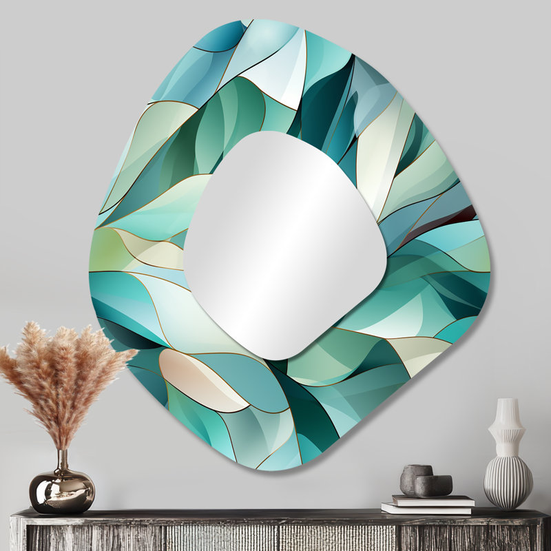Motif côtier mosaïque vert clair de Crète de mer - miroir mural décoratif asymétrique abstrait, miroir de forme unique moderne, impression d'art en métal