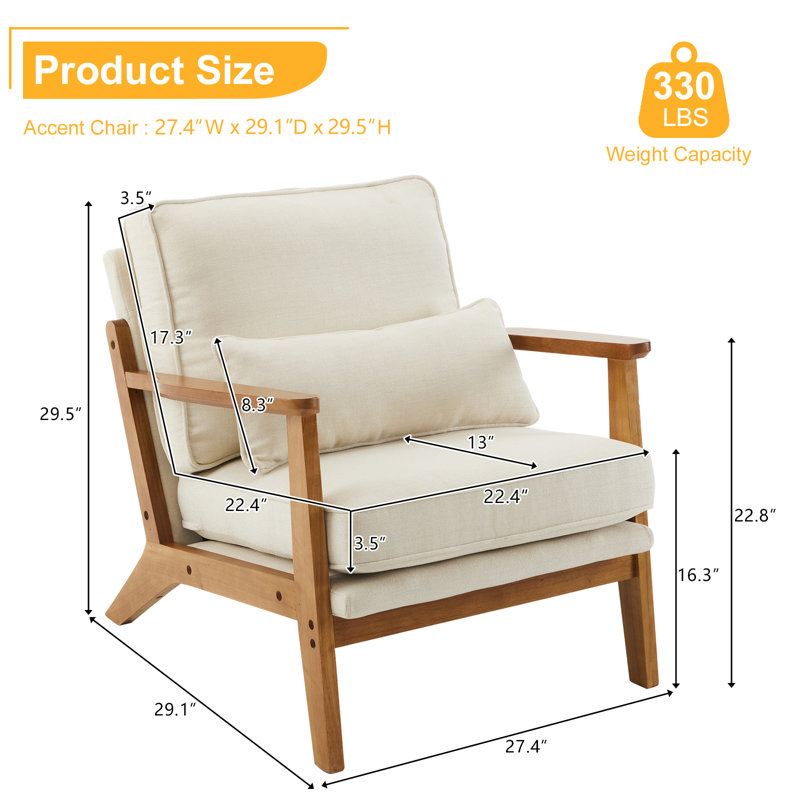Lemley Upholstered Accent Chair With Wooden Legs And One Pillow, Beige Linen