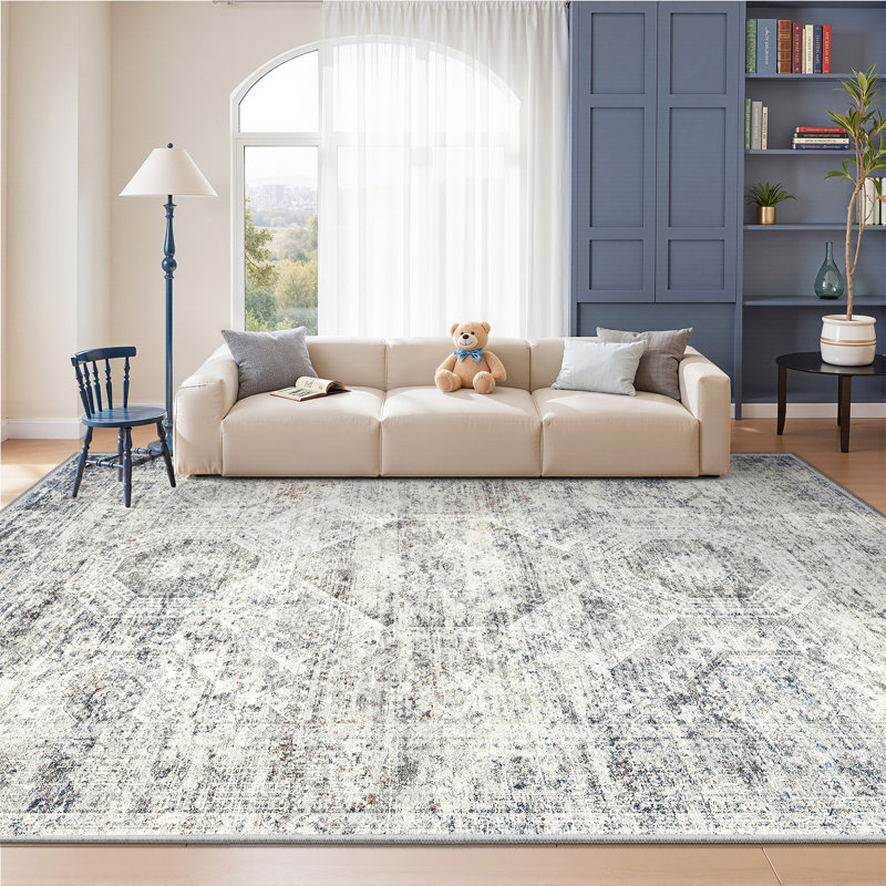 Washable Distressed Persian Rug, Rectangle 8' x 10', Blue/Ivory