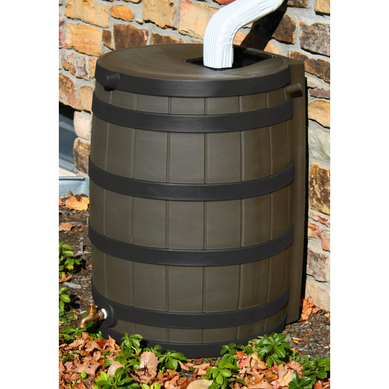 Dark Oak 50-Gallon Faux Barrel Rainwater Collector with Brass Spigot
