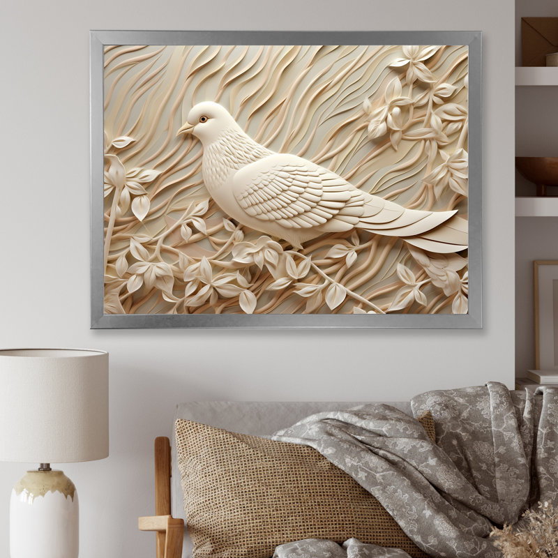 Colombe ivoire Innocence I sur toile, Cadre simple argenté, H 24 po x l 32 po x P 1 po