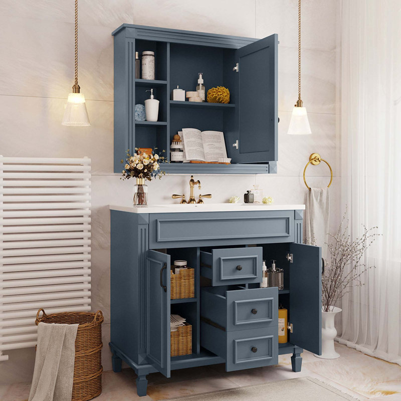 Meuble-lavabo de salle de bain avec lavabo supérieur et armoire à miroir, Bleu