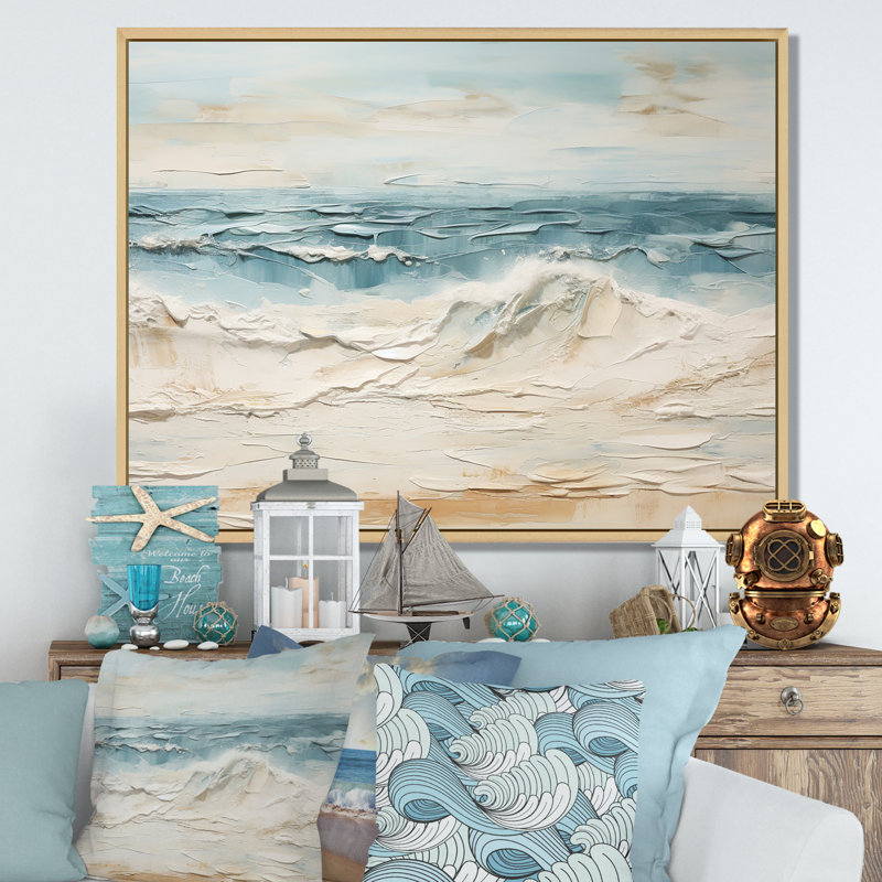 «Beige et bleu plage tranquille» sur toile, H 34 po x l 44 po x P 1,5 po, Cadre naturel flottant