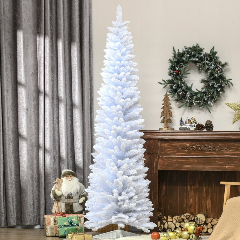 Arbre de Noël artificiel enneigé et neige, crayon mince blanc avec support en plastique