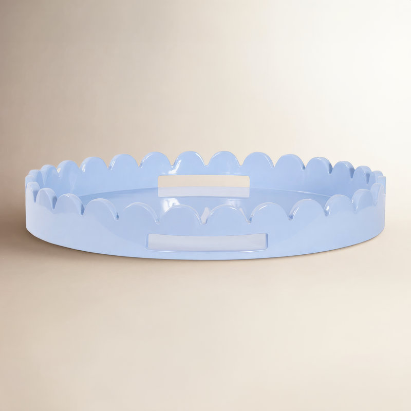 Effa Hand-Crafted Round Scalloped Wood Tray, Blue Gray