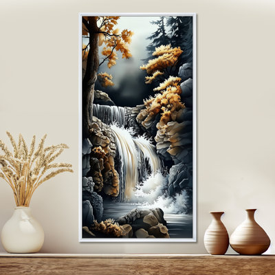 «Gray Yellow Autumn Waterfall Forest Trail I - Gray Nature», reproduction d'art sur toile