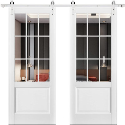 Porte de grange double robuste avec moulures blanches Felicia 3599 et vitrage transparent, rail de 4 m (13 pi), panneaux intérieurs massifs et lourds, 213 cm x 244 cm (84 po x 96 po) (2 x 107 cm x 96 po), vitrage transparent, rail argenté