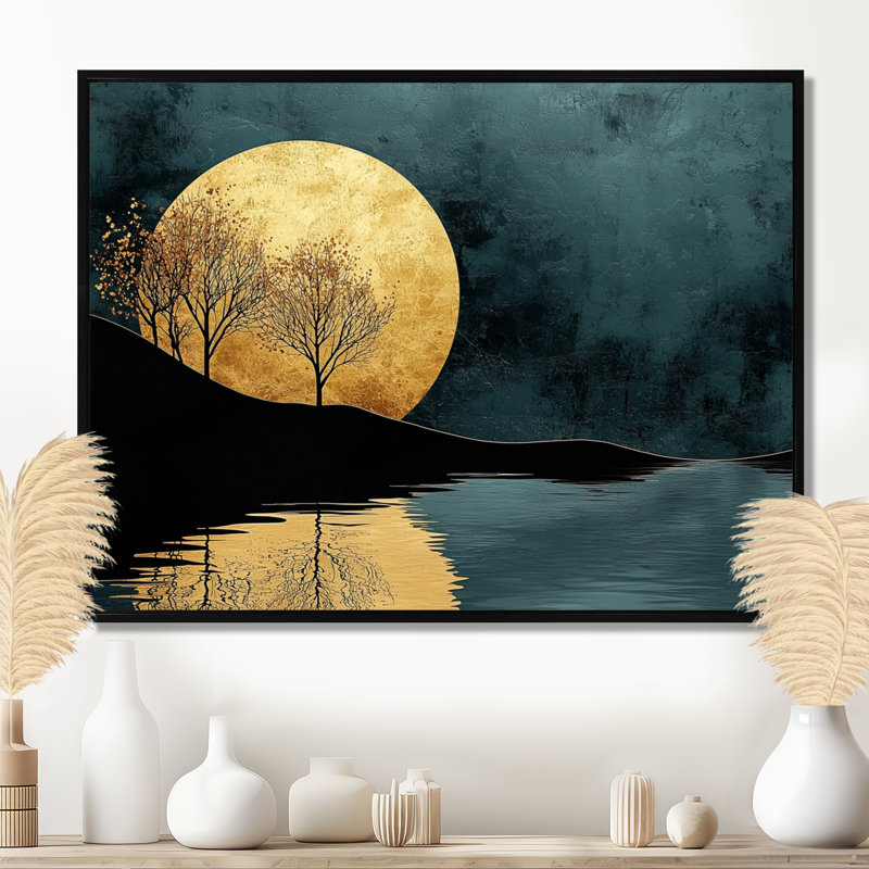 «Quiet Bold River In Emerald Gold Harmony I - Forest River Mountains, art mural, H 30 po x l 40 po, Picture Framed, Noir