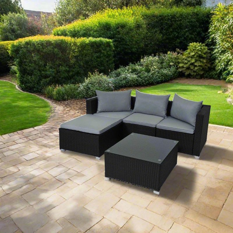 17 Stories Outdoor Rattan Garden Furniture Set Brown Robette Conservatory Patio Sofa coffee table, Grey, Black