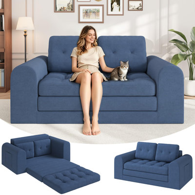 59 Inch Convertible Sofa Bed with Corduroy Round Armrest, Foldable 2-Seater Futon, No Assembly Needed for Living Room, Bedroom