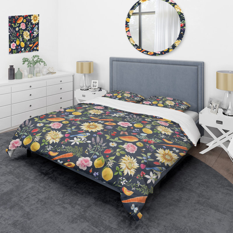 Ensemble de housse de couette en microfibre bleu marine / jaune 3 pièces, Housse de couette pour grand lit et 2 taies décor
