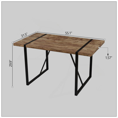 55 " Dining Table Modern Rural Industrial Rectangular MDF Dark Wood, 4-6 People, 1.5" Thick Engineering Wood Tabletop And Black Rectangular Metal Legs