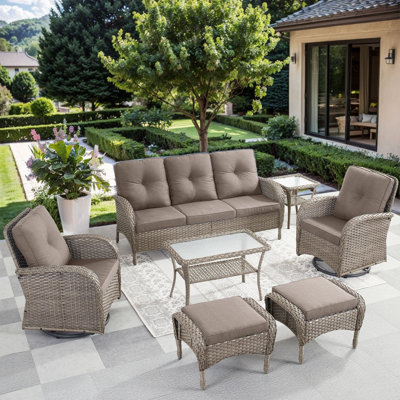 Valierius 7-Piece Outdoor Wicker Patio Furniture With 3 Seat Sofa & Swivel Chair, Coversation Set With Water Resistant Cushions