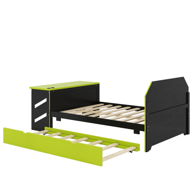 Lit de jour double en bois avec couchette, bureau et port USB, Vert