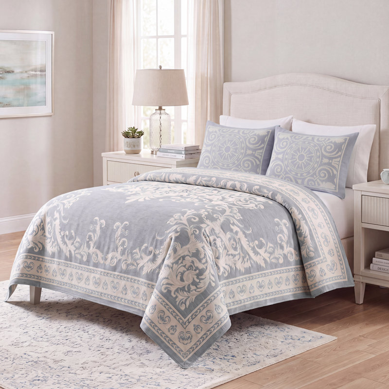 Rio Lightweight Cotton Blend Woven Jacquard Traditional Medallion Bedspread/Coverlet Set, Slate Blue, King + 2 Shams