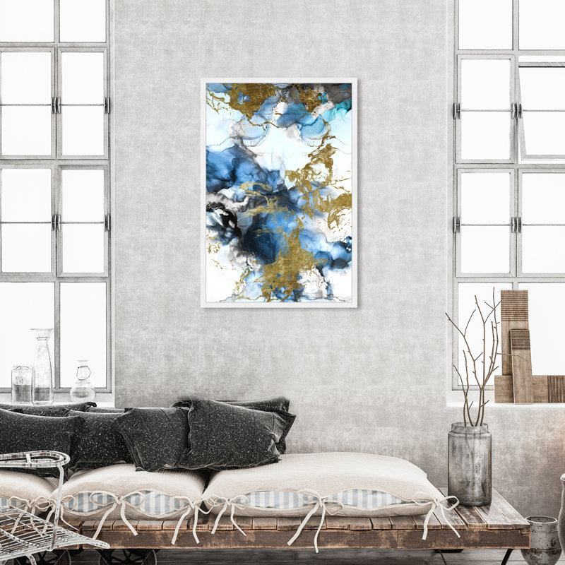 «Blue Gold Abstract Shapes Coastal», reproduction d'art encadrée pour chambre à coucher, L 32 po x H 47 po, Blanc