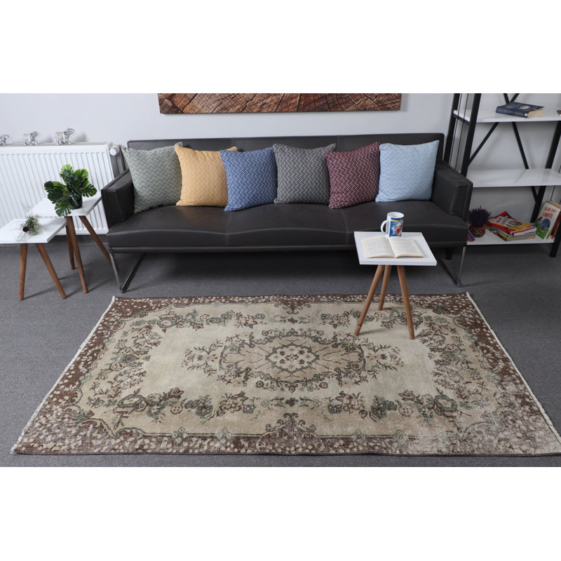Authentique tapis turc en laine Oushak à motif floral idéal pour la chambre à coucher et le dortoir dans des tons bruns