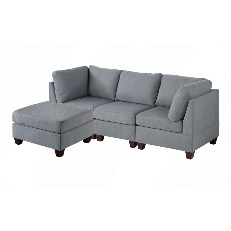 Canapé modulaire, ensemble modulaire gris, tissu d'aspect lin, structure en bois, sans accoudoirs et repose-pieds