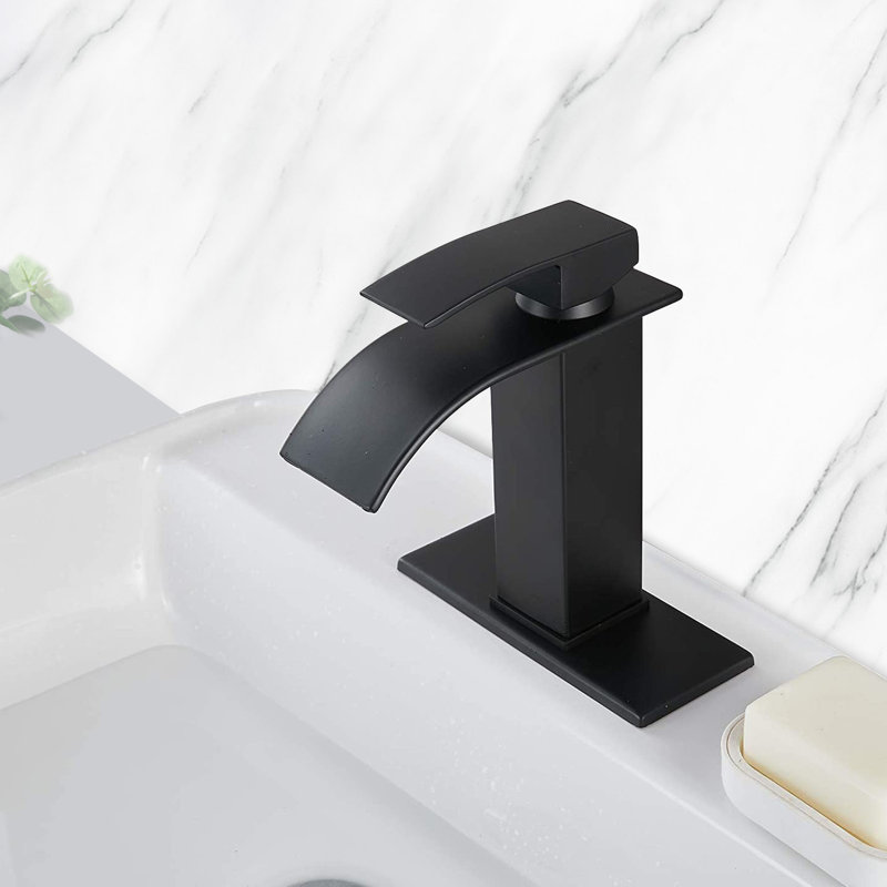 Robinet de salle de bain avec bec cascade et poignée simple, acier inoxydable, abat-jour noir mat, Noir mat