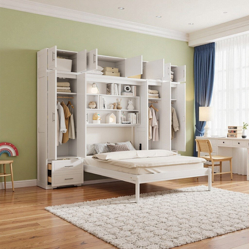 Queen Size Murphy Bed with Integrated Storage System, White