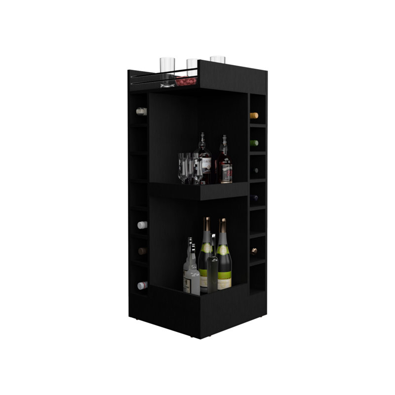 3-Tier Corner Bar Cabinet With Fourteen Wine Bottle Cubbies, Black