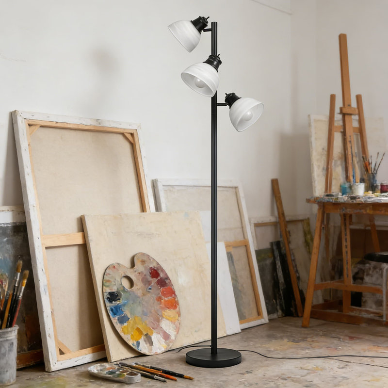 Lampe sur pied réglable à 3 têtes avec abat-jour en verre et base lestée, comprenant des ampoules DEL 3 x 9 W pour le salon, la chambre à coucher, le bureau et l'éclairage ambiant