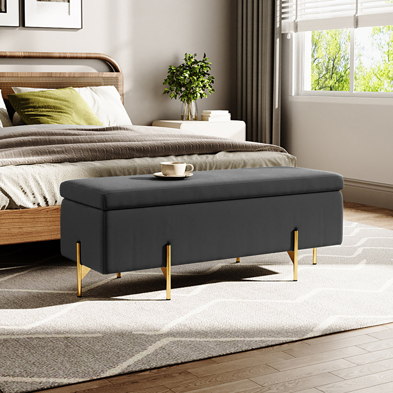Velvet Upholstered Storage Bench, Grey
