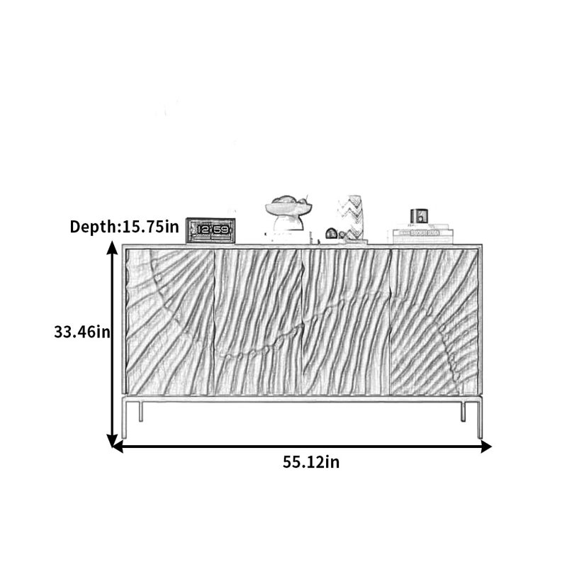 Buffet vieilli et sculpté, H 33,46 po x l 55,12 po x P 15,75 po