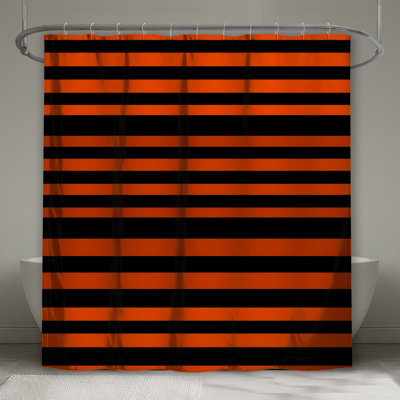 Rideau de douche noir à rayures orange et motif de salle de bain moderne