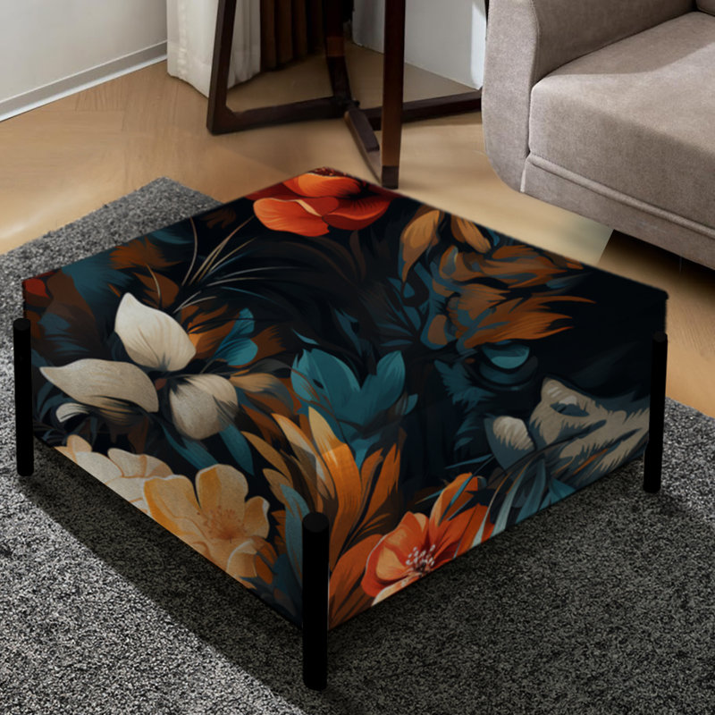 Grand repose-pieds carré multicolore à motif de fleurs tropicales noires Allure