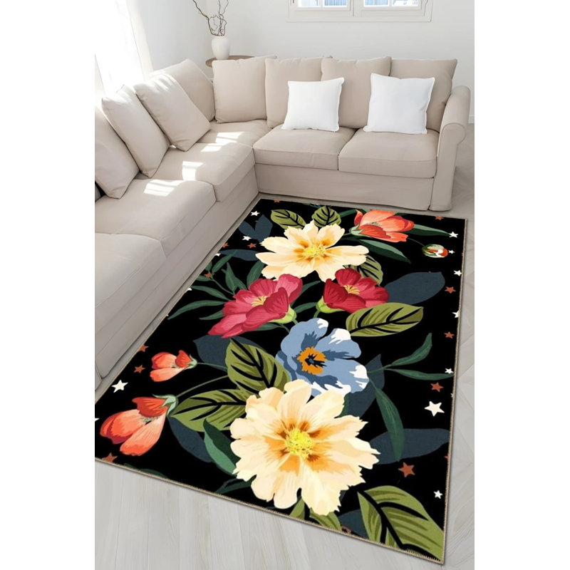 Tapis décoratif noir moderne à motif de fleurs mélangées à thème noir, Rectangle 2 pi 4 po x 4 pi