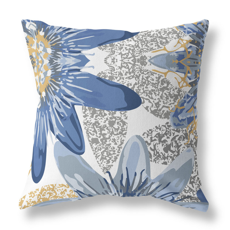 Coussin décoratif intérieur / extérieur Spots Blossoms, H 16 po x l 16 po, Bleu/gris