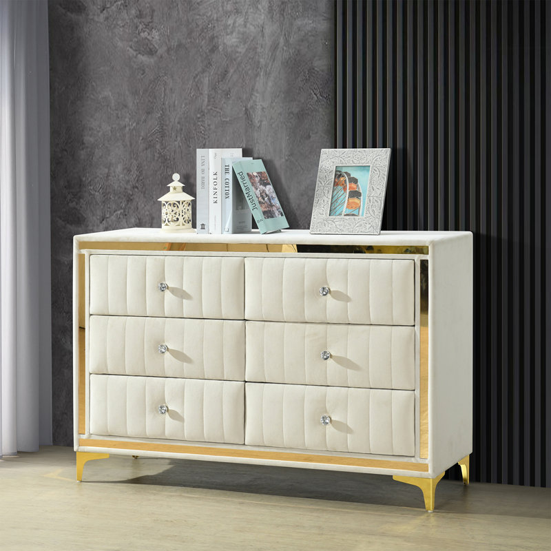 Scher Velvet 6 Drawer Dresser Fully Assembled with Gold Legs and Trim, Cream
